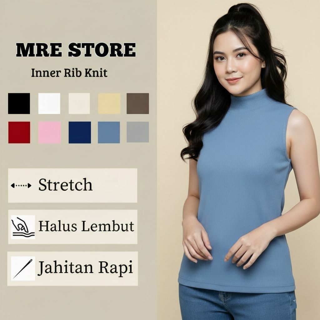 MRE Inner Turtleneck Leher Tinggi Manset Dalaman Rib Rajut Tanpa Lengan Wanita Terbaru Korean Style