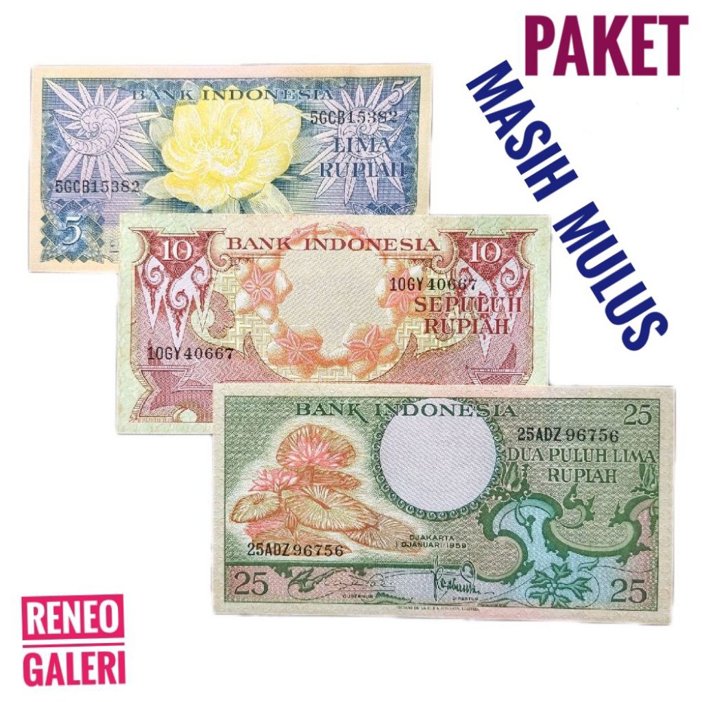 Paket 3 lembar miniset seri bunga burung tahun 1959 uang kertas kuno Indonesia duit lama mulus