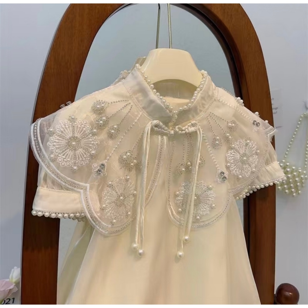 Gaun Anak Putih Bordir Bunga + Manik Mutiara, Dress Kebaya Anak Modern, Gaun Pesta Ulang Tahun Lebar