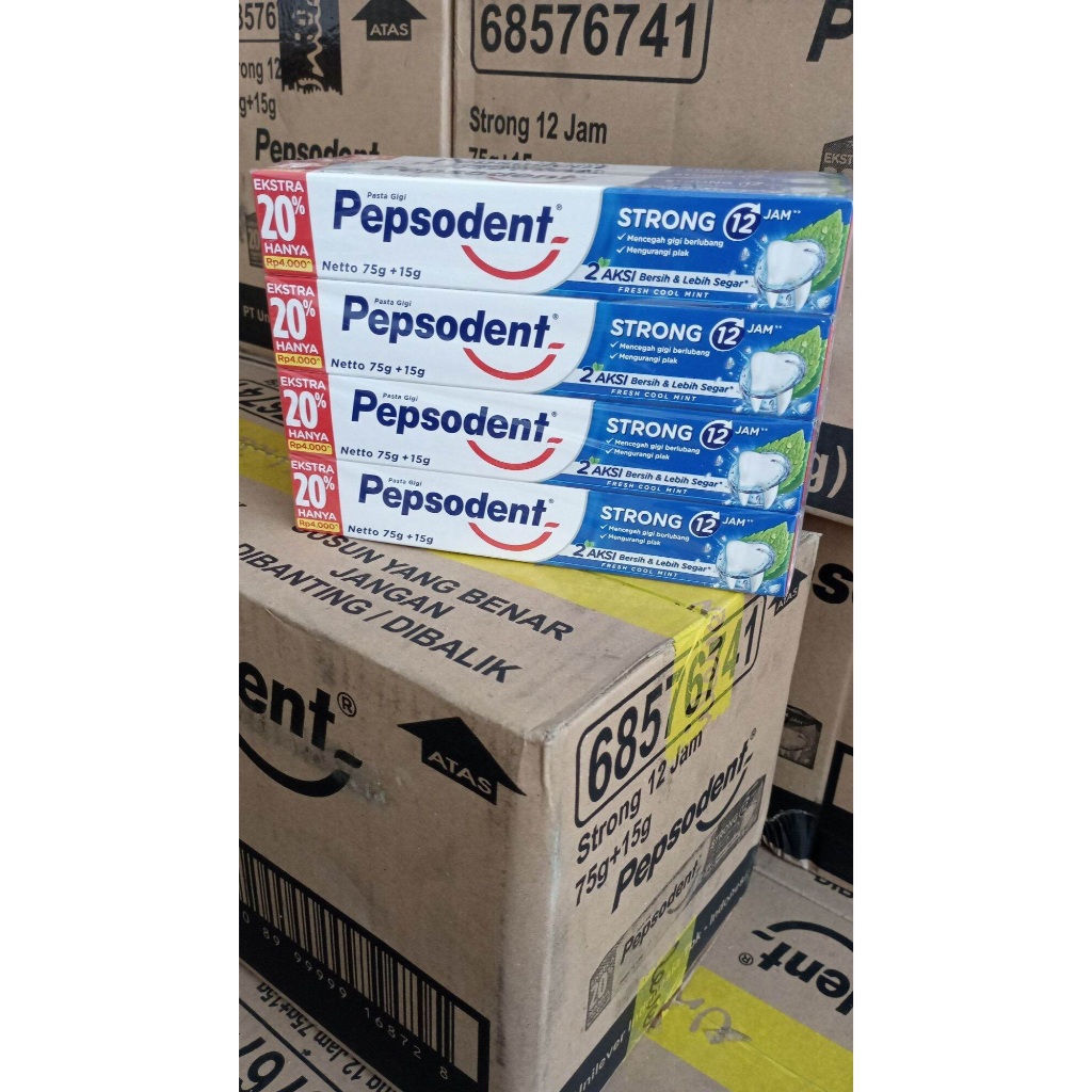 (KARTON) PEPSODENT STRONG 75gr+15gr Isi 72 pcs - Pencegah Gigi Berlubang dan Mengurangi Plak
