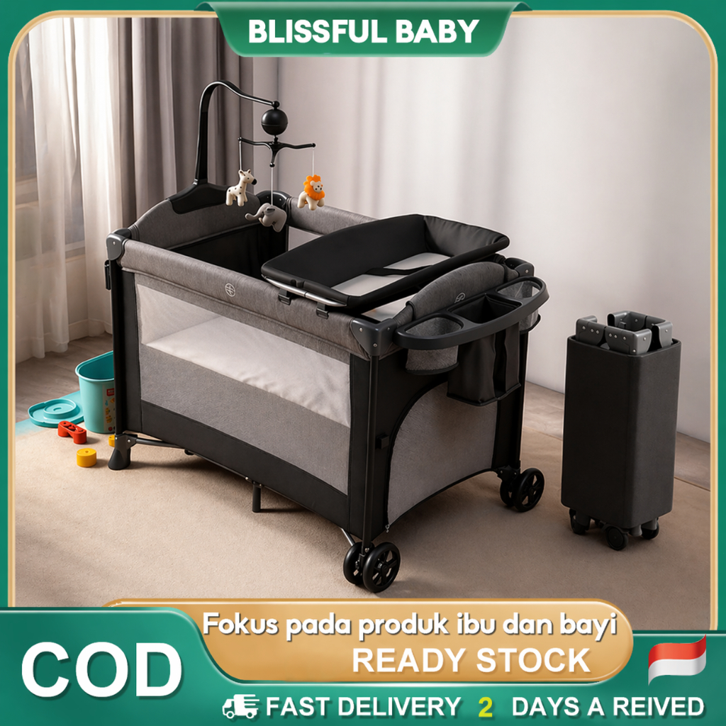 Ready stock Tempat Tidur Bayi Box Bayi Lipat cepat Box Bayi Multifungsi Solid Klasik Premium