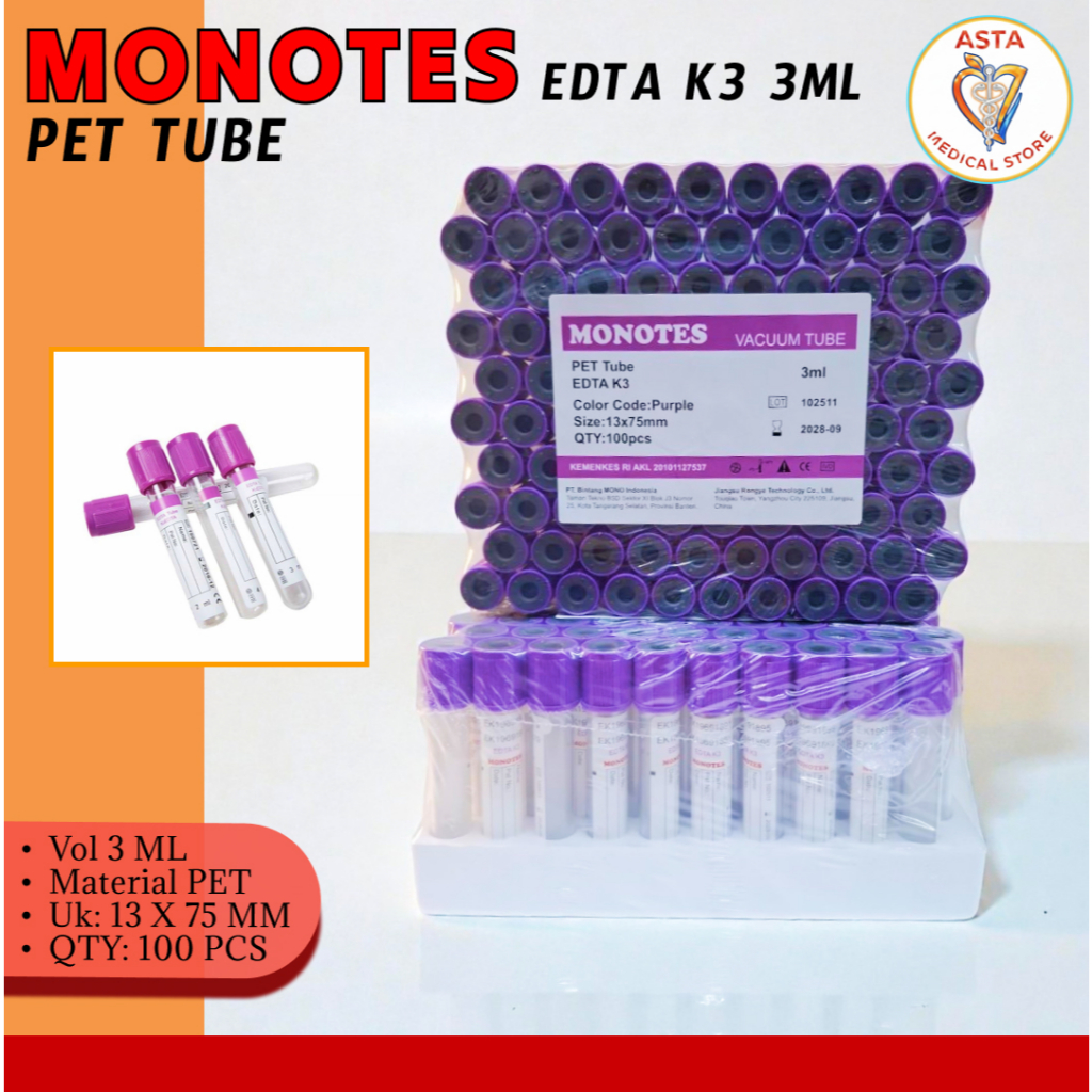 MONOTES Tabung Vacum Tube K3 EDTA 3 ml Pet/ Plastik 100 pcs Tutup Ungu