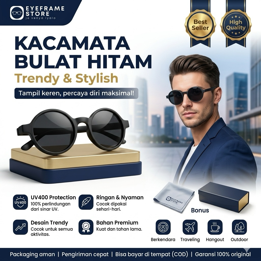 Kacamata 15SG Bulat Retro – Lensa Hitam Custom Minus | Frame Tebal Stylish Unisex
