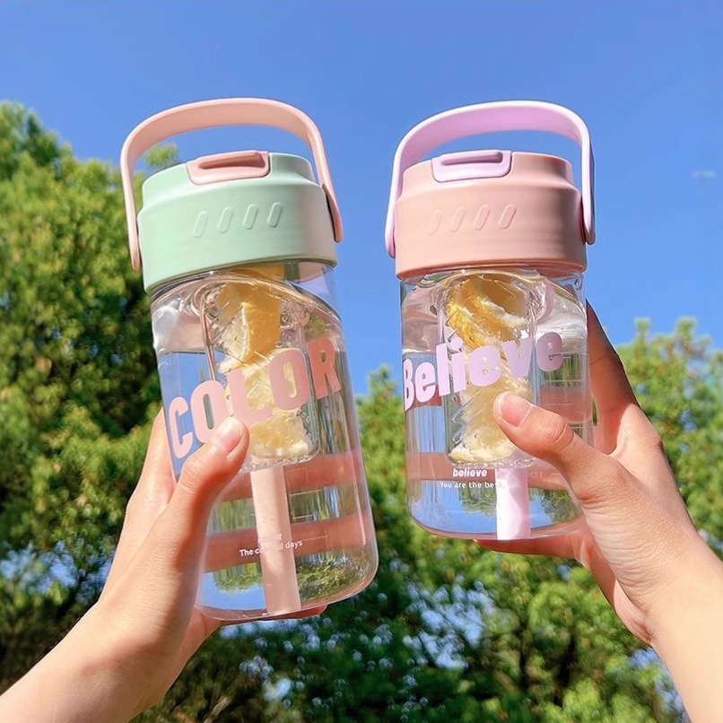 CTSHOP-Gelas Minum Plastik Bening 800 ML /Botol Minum Praktis / Dengan Botol Air Sedotan