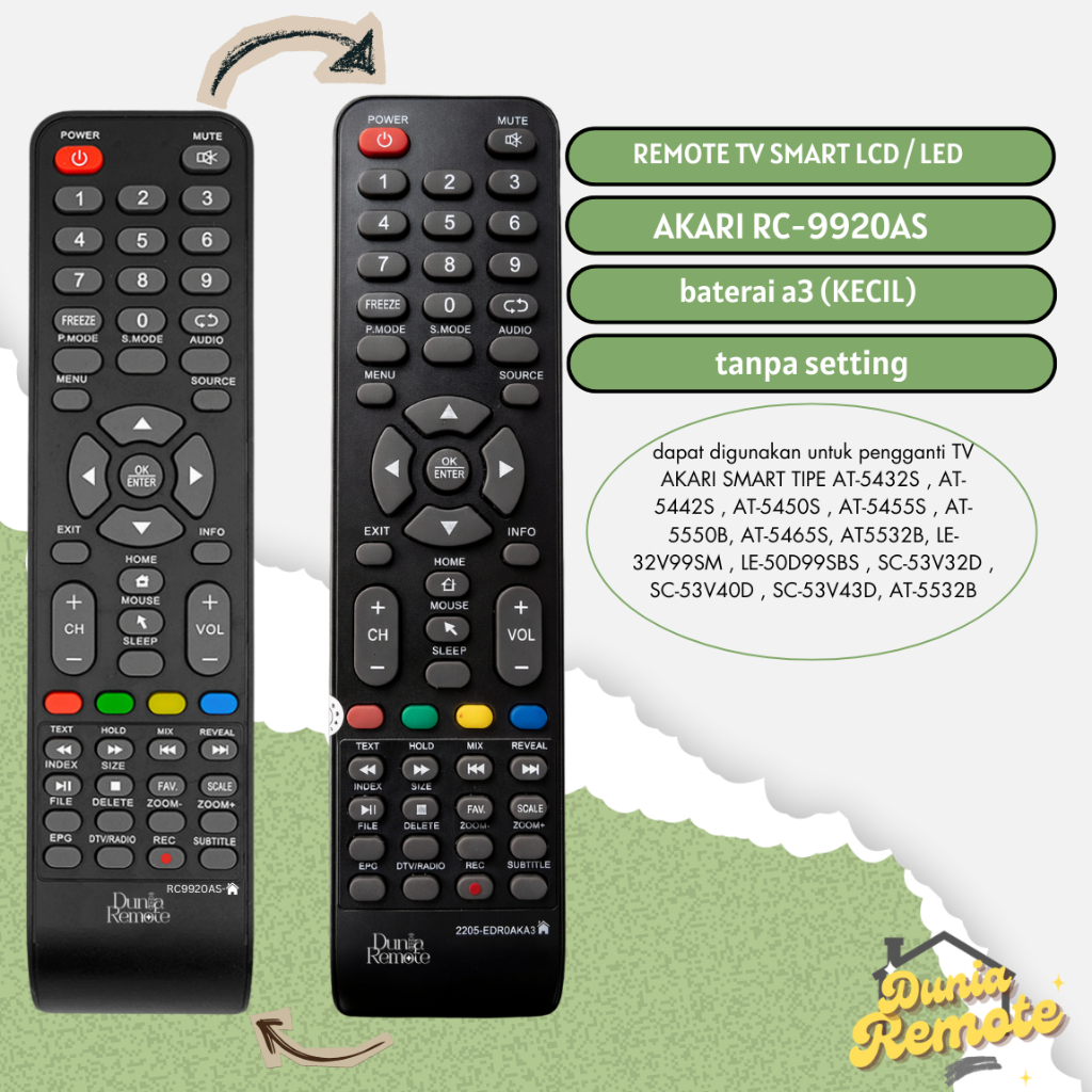 Remote TV Akari Rc-9920AS Smart LED LCD AT-5432S AT-5442S AT-5450S AT-5455S AT-5465S LE-32V99SM