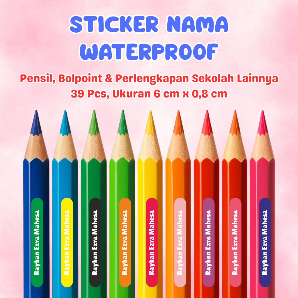 Sticker Nama Anti Air 39pcs Label Nama Waterproof Vinyl Stiker Buku Pensil Botol Sekolah Custom Nama