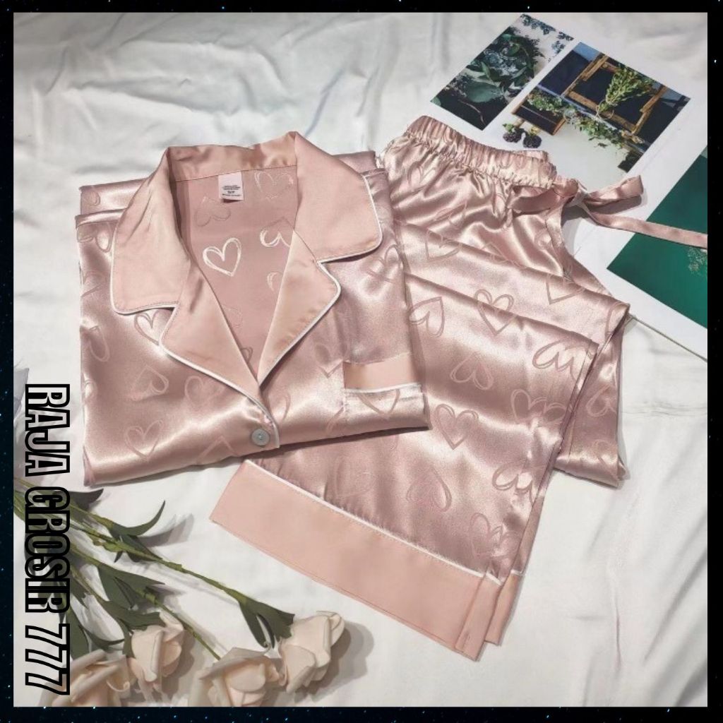 Setelan Baju Tidur Piyama Satin Import Motif Hati High Quality Adem dan Lembut BTW 10