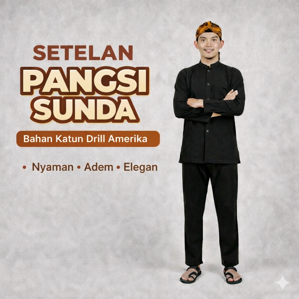 Setelan Baju Pangsi Hitam Katun Drill Setelan Adat Sunda Pria Dewasa