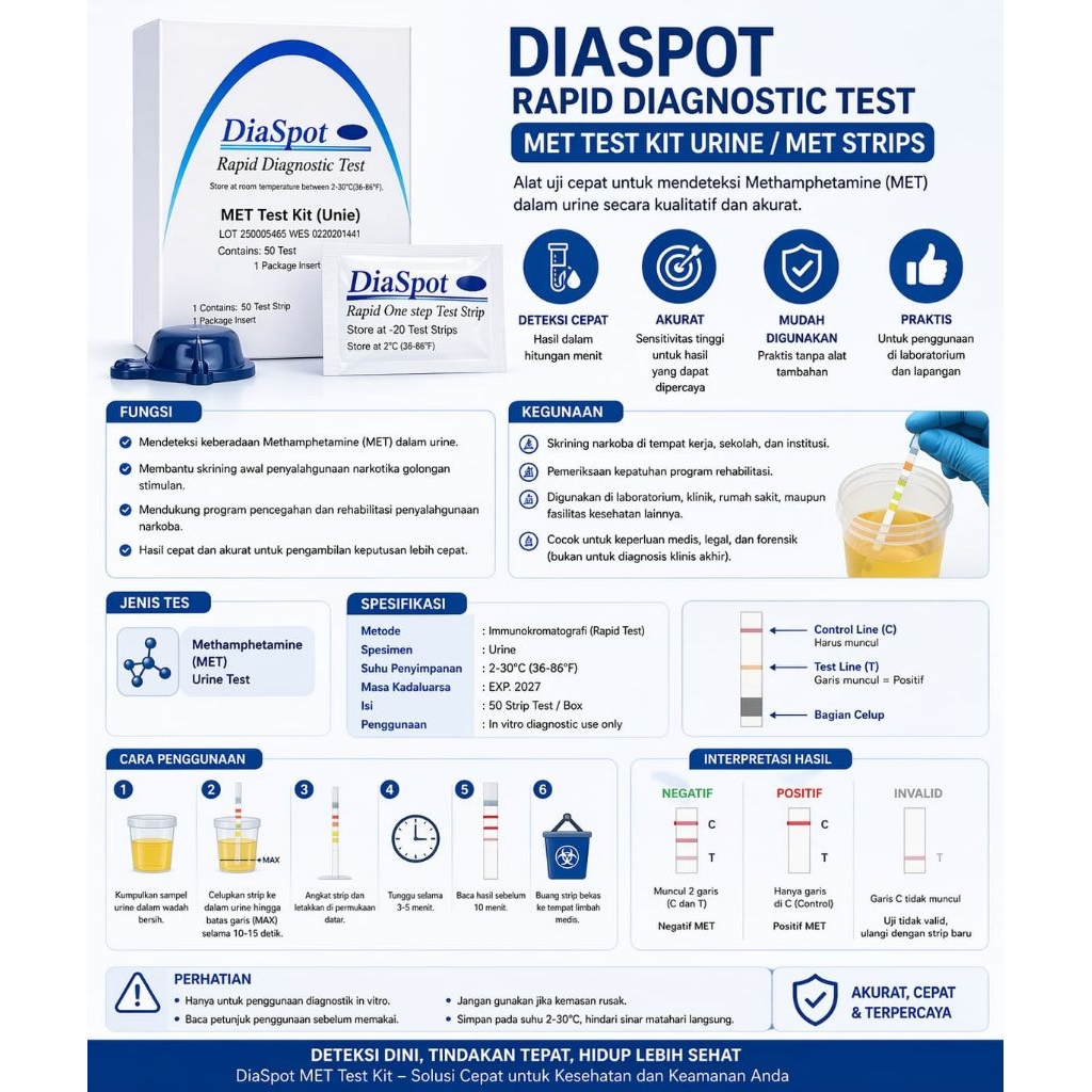 DiaSpot MET Urine Test 50 Strip – Alat Tes Narkoba Methamphetamine Rapid Test Kit Akurat
