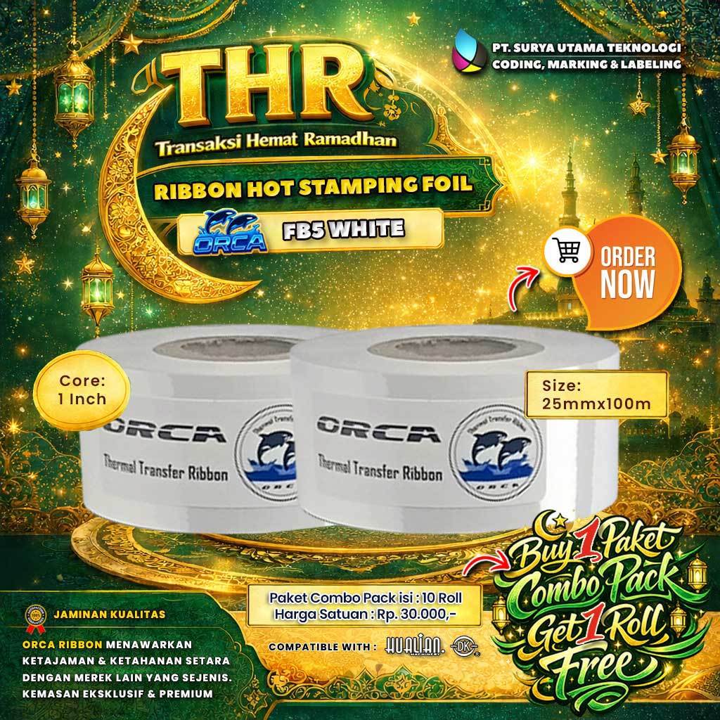 Ribbon Tape Hot Stamping Foil FB5 ORCA Putih Ukuran 25mm x 100m  Paket Combo Pack isi 10 Roll Free 1