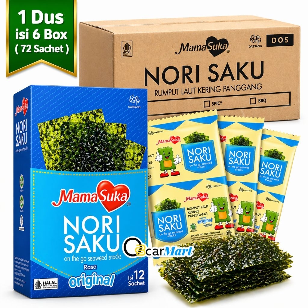 MamaSuka Nori Saku Original 1 Dus Isi 6 Box ( 72 Sachet ) Rumput Laut Kering Panggang Snack Seaweed 