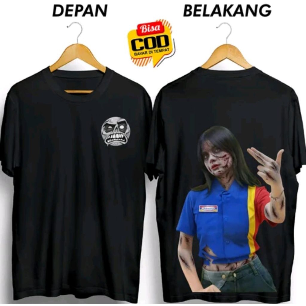 Kaos Viral Hantu Cewek Indomaret Desain Jari Tembak T-shirt Distro Viral Bahan Katun