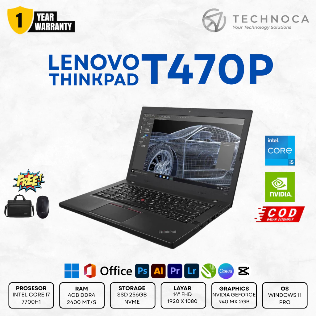 LAPTOP GAMING LENOVO THINKPAD T470P I7 GEN 7 RAM 16GB SSD 512GB  NVIDIA 940MX 2GB GARANSI 1 TAHUN