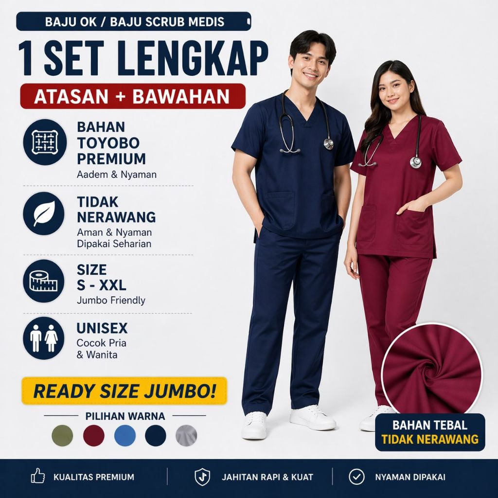 1 SET Baju OK Scrub Medis LENGAN PENDEK Bahan Toyobo Premium