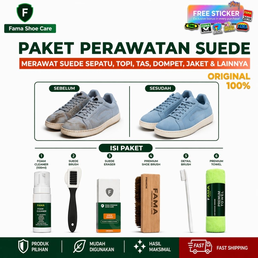 FAMA-Paket SUEDE KIT-pembersih suede-sikat suede-penghapus suede-foam cleaner sepatu-suede eraser-sh