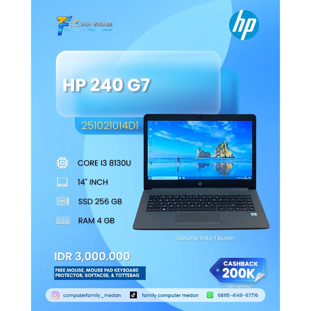 HP 240 G7 INTEL CORE I3-8130U RAN 4GB SSD 256GB