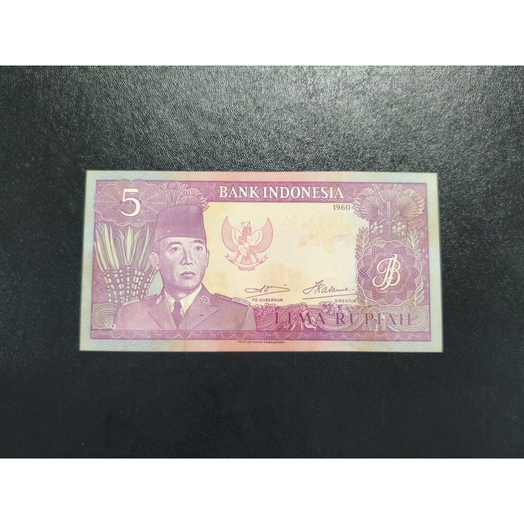 Uang kertas kuno 5 rupiah tahun 1960 Soekarno UNC