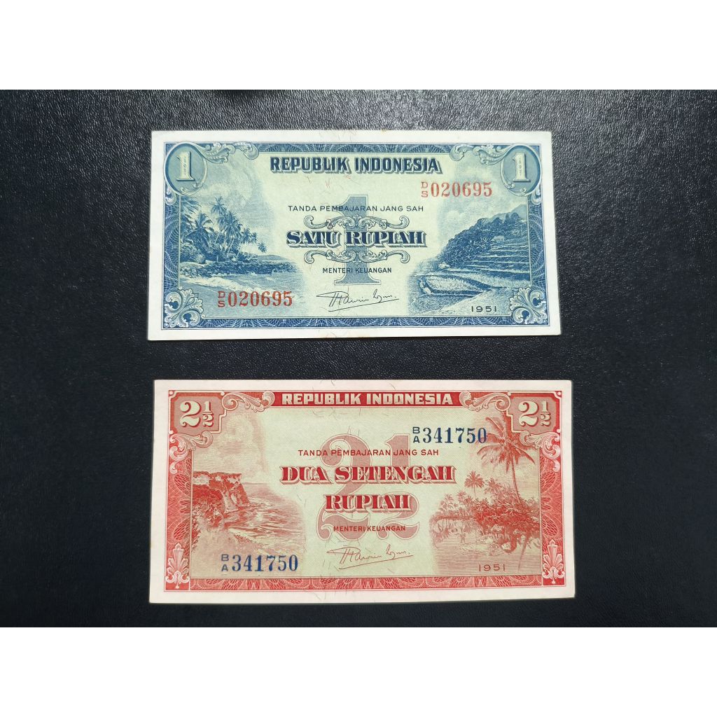 Uang kertas kuno 1 rupiah dan 2,5 rupiah tahun 1951 seri Pemandangan aUNC/UNC