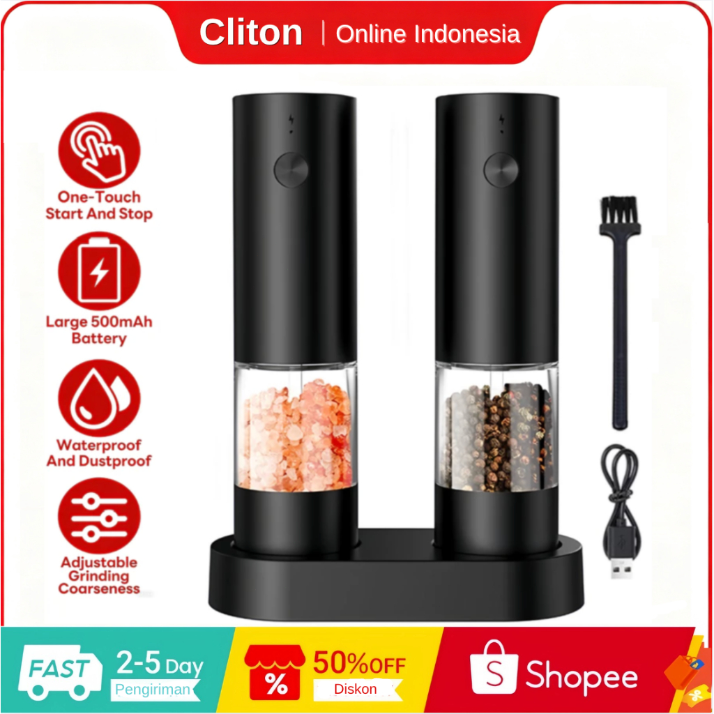 Cliton 2 Item Penggiling Lada Listrik Garam Laut Kacang Hijau Penggiling Otomatis Pengisian Daya USB