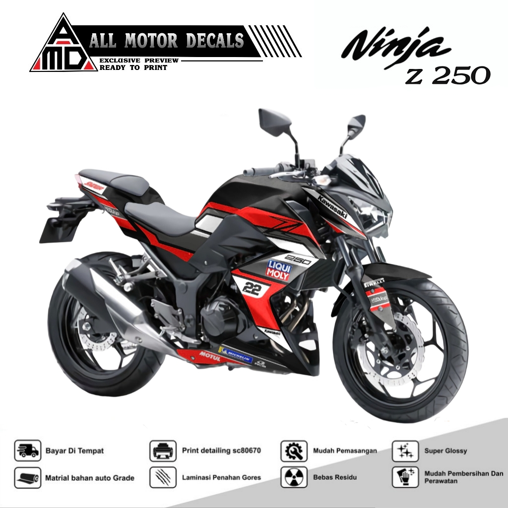 DECAL STIKER NINJA Z250 LIQUI MOLY / STRIPING KAWASAKI NINJA Z 250  2013 SAMPAI 2022 / AKSESORIS STI