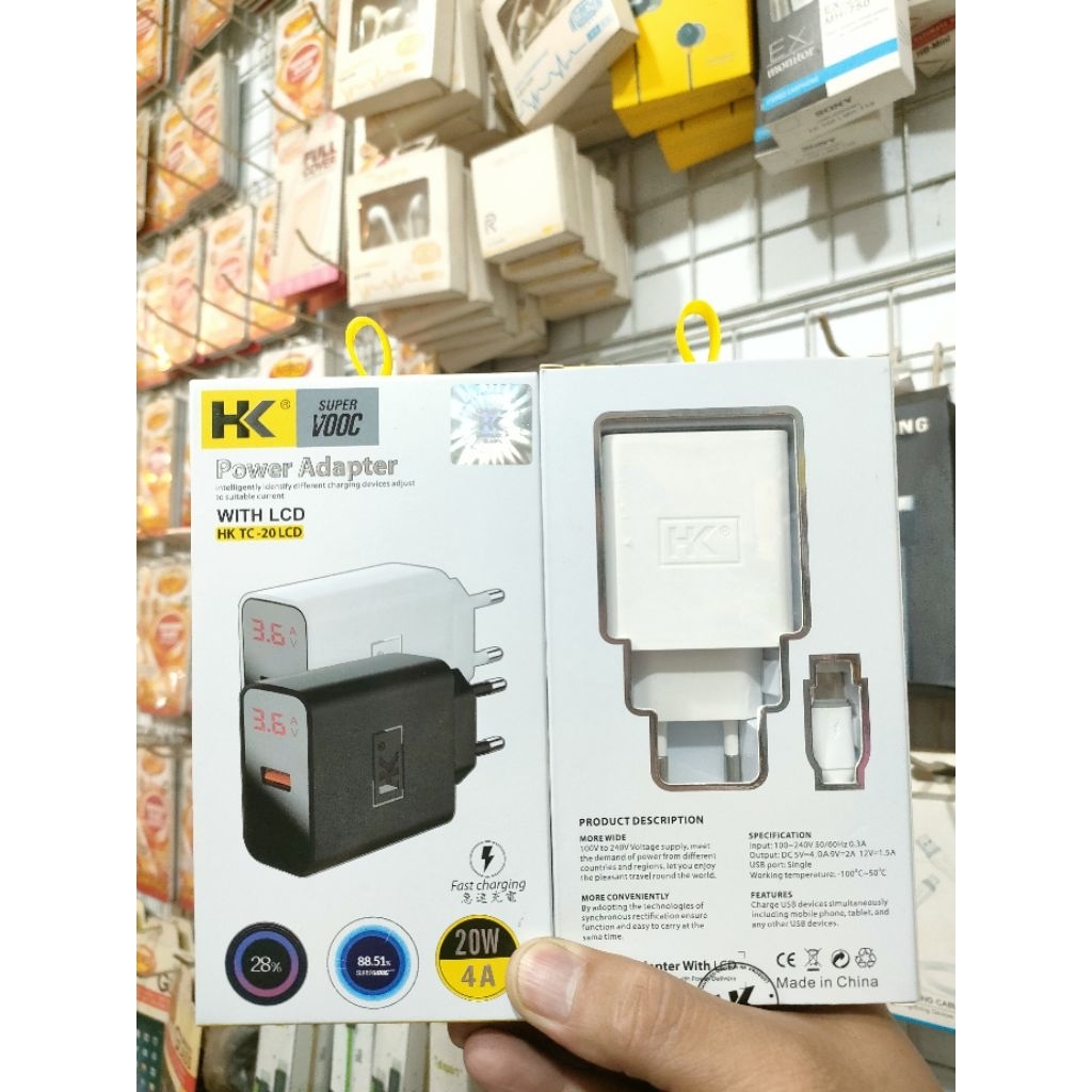 Charger HK TC-20 With LCD Ampere Power Adaptor Super Vooc 20W 4A Cable Type-C For Android Turbo Fast
