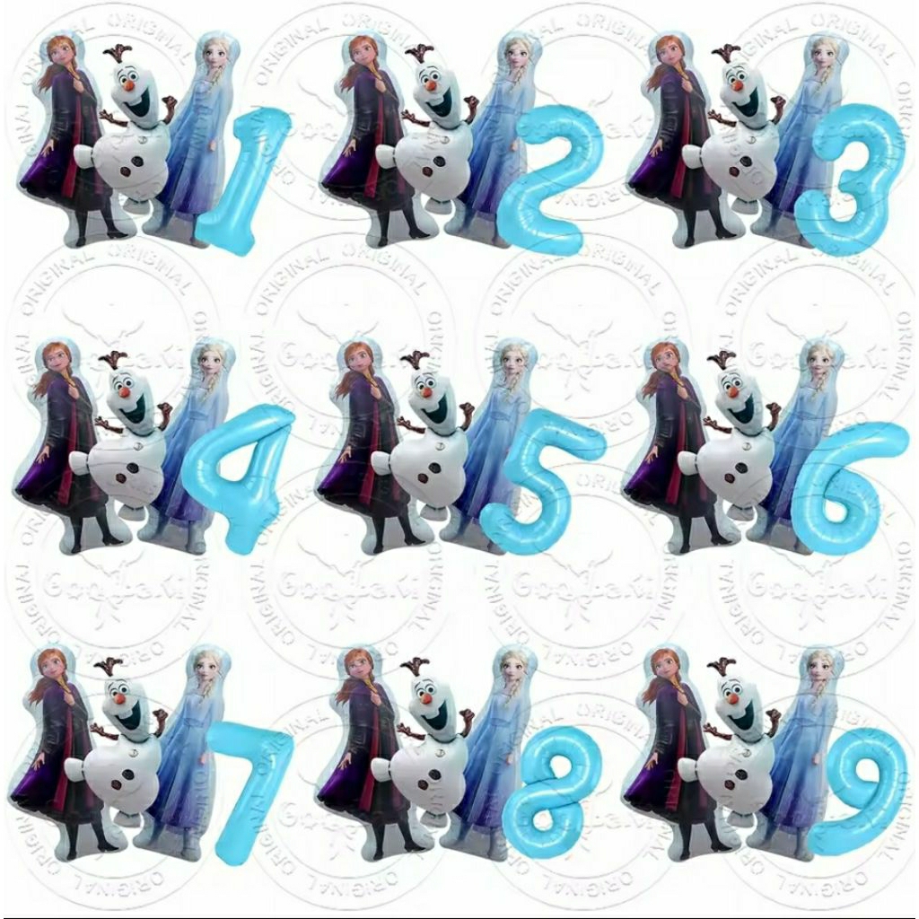 Set paket balon foil angka 80cm warna baby blue tema disney princess elsa anna olaf frozen jumbo bes