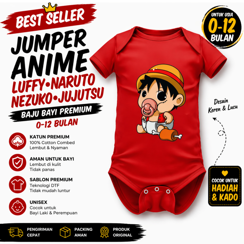 Baju Bayi Jumper Anime Luffy One Piece Naruto Nezuko Demon Slayer Jujutsu Newborn Usia 0-12 Bulan.