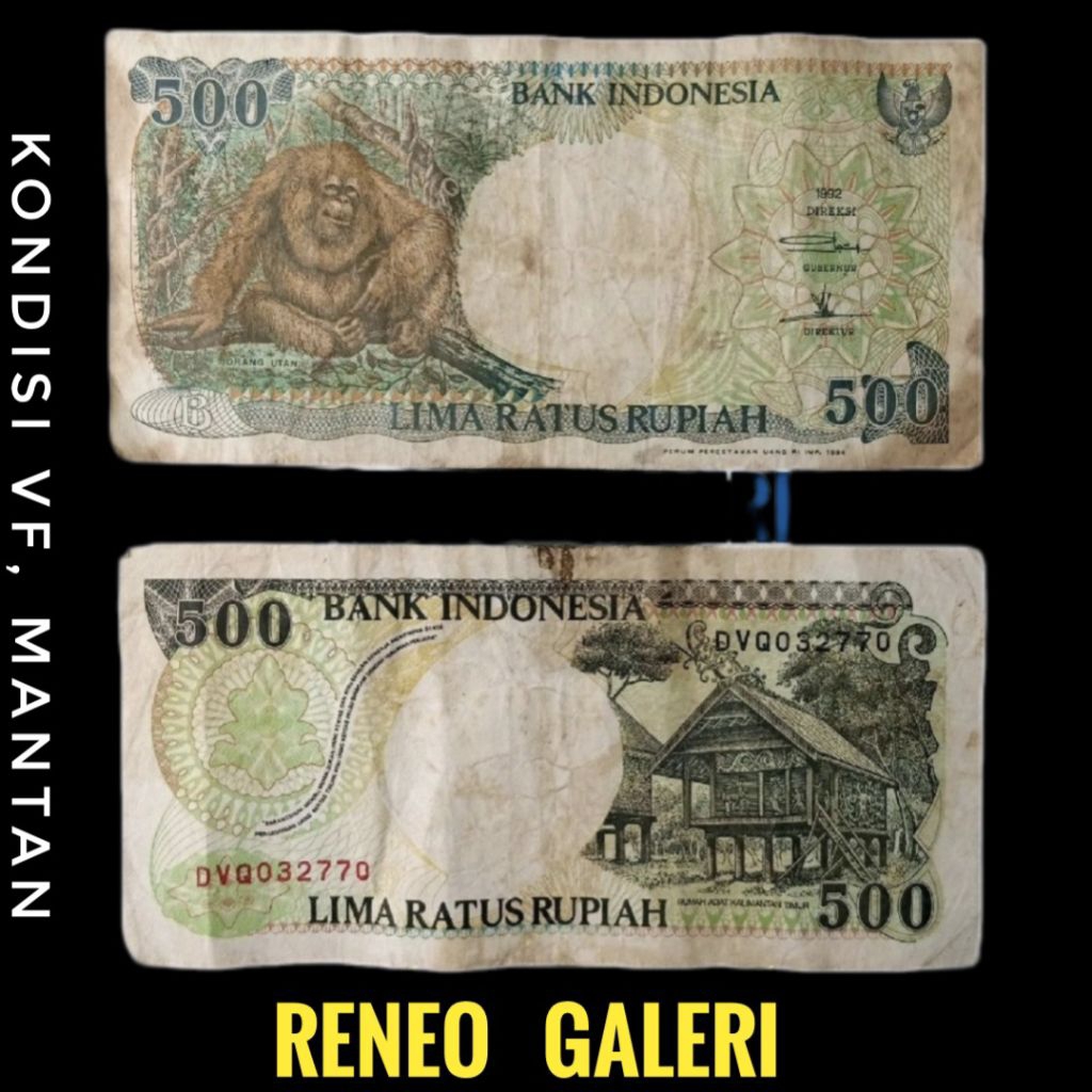 VF 500 Rupiah Otan Orang Utan Tahun 1992 Uang kertas kuno Rp duit lama asli original Indonesia monye