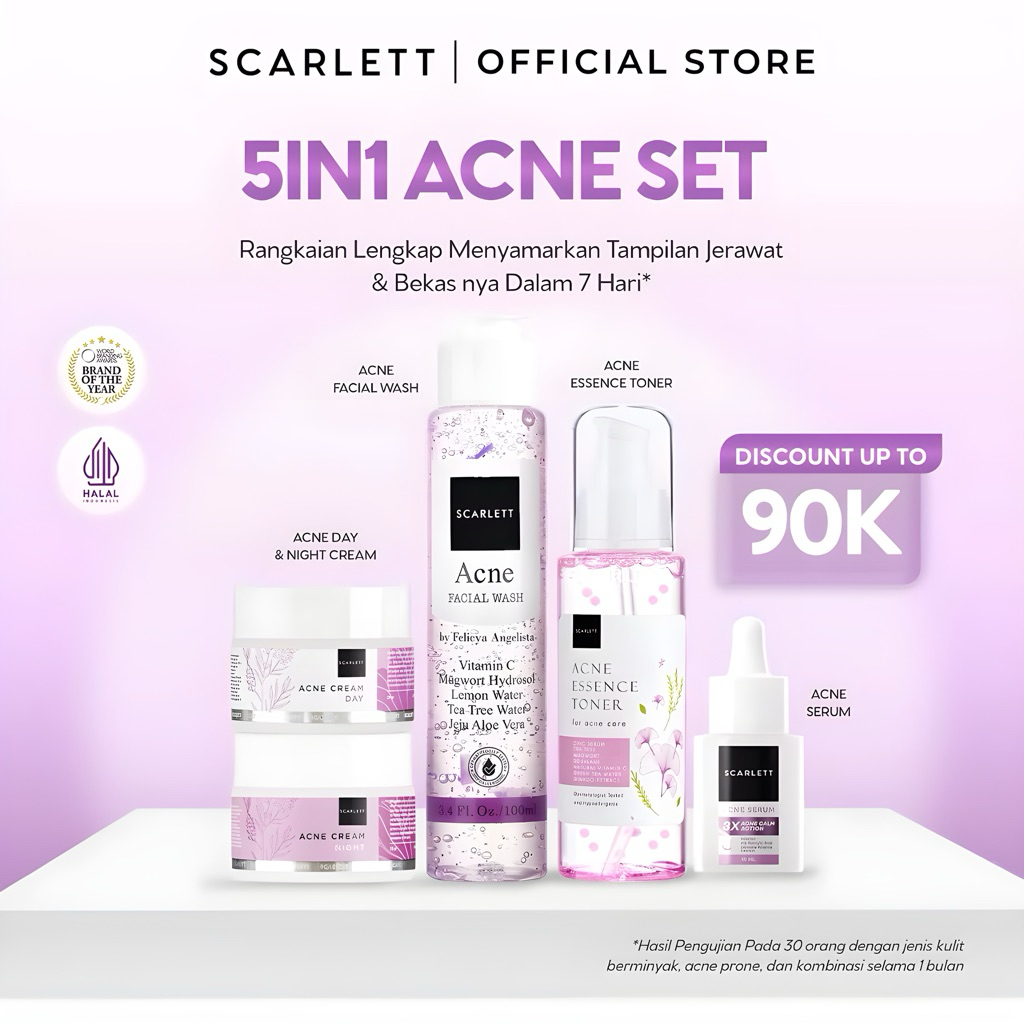 Scarlett Acne Series 5in1 Skincare Set | Paket Lengkap Acne Care Cleanser Toner Serum Day Night Crea
