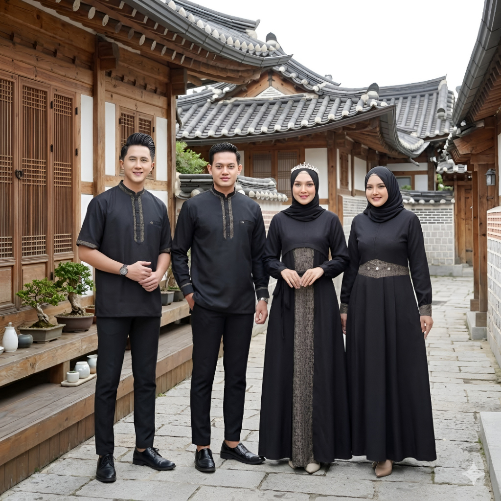 SARIMBIT COUPLE BLACK SERIES BY SILMI FASHION BAHAN KATUN MADINA JAQUARD BAJU BUSANA MUSLIM PRIA WAN