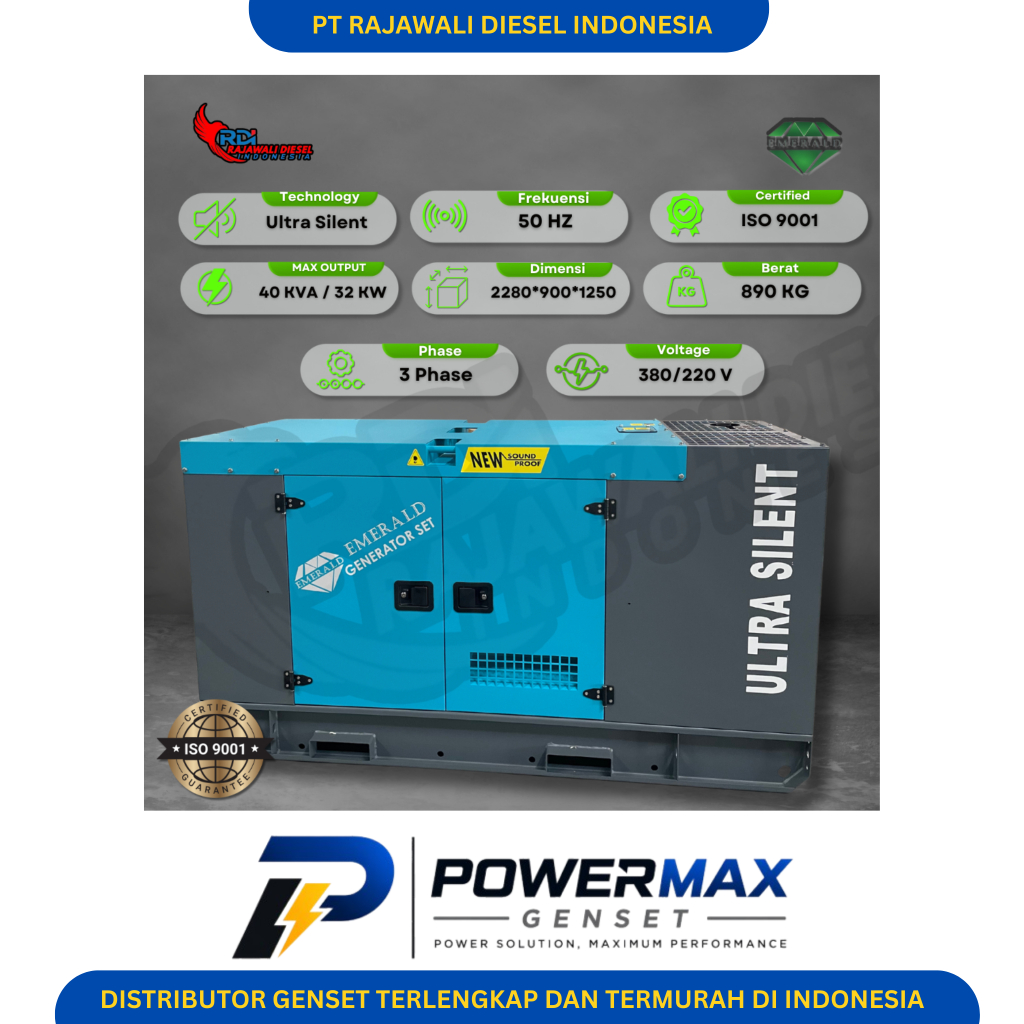 Genset Emerald 40 KVA Ultra Silent Type Bahan Bakar Diesel 3 Phase 380V Harga Bisa di Negosiasikan