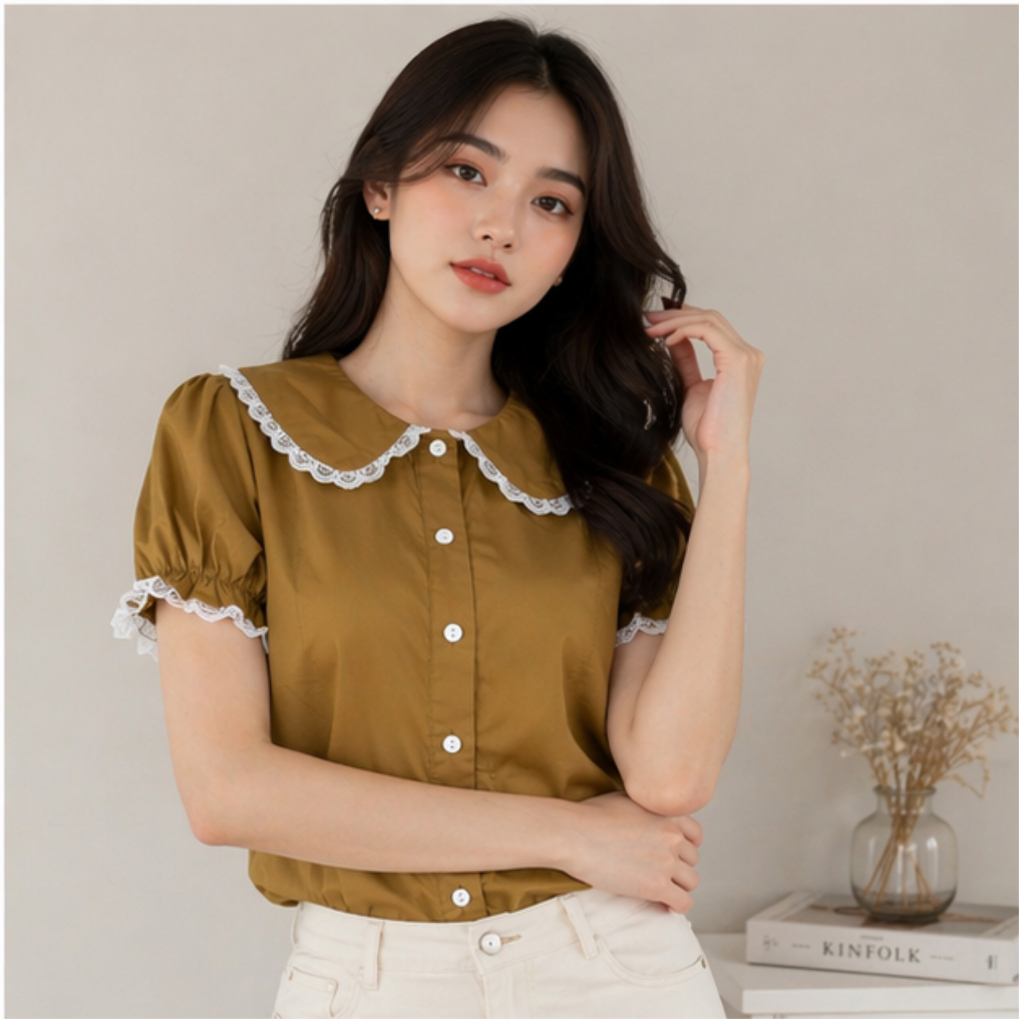 Blouse Wanita Korea Kerah Renda | Atasan Wanita Puff Sleeve Katun Poplin | Kemeja Cewek Kekinian Mur