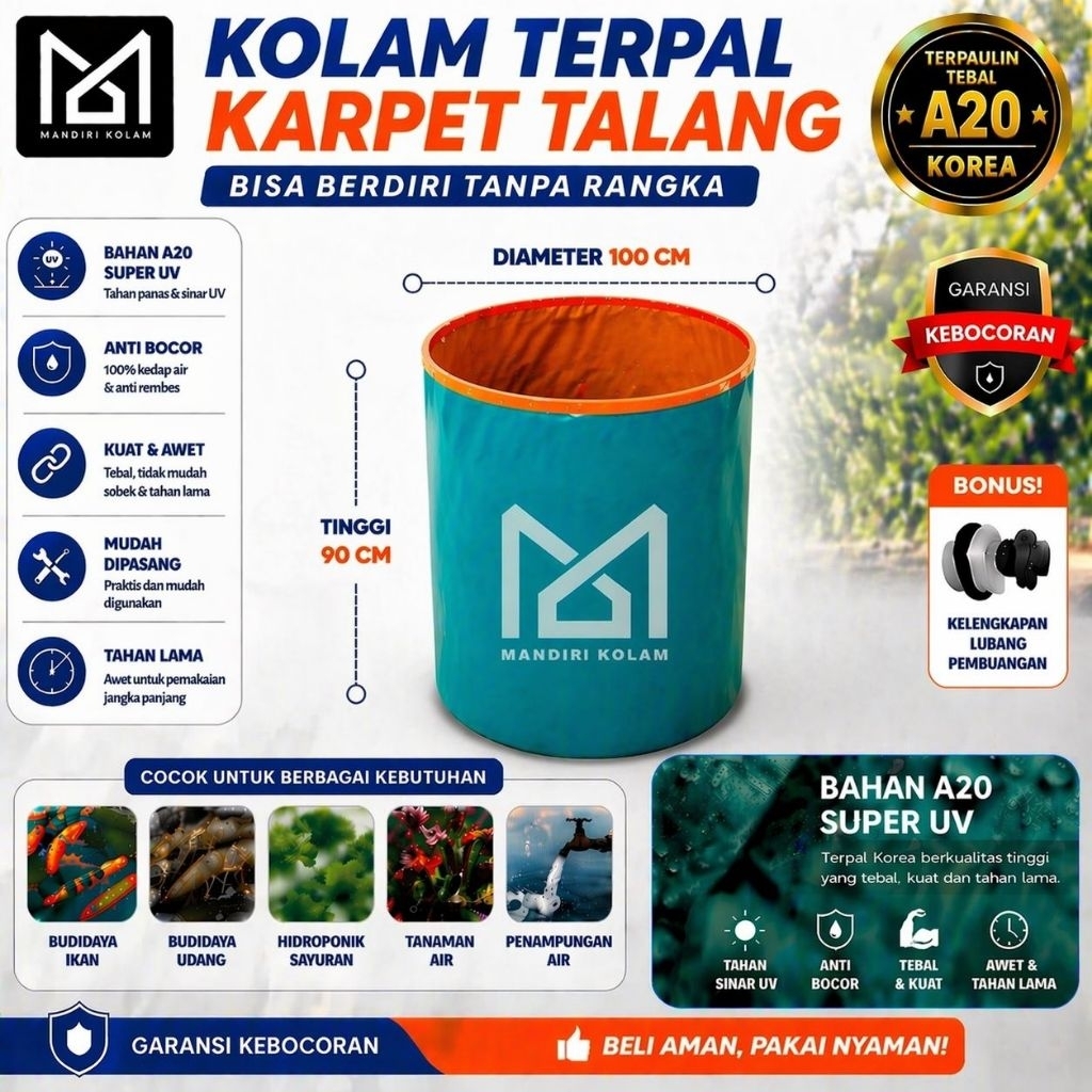 Kolam Bulat A20 Kolam Terpal Tanpa Rangka D100 T90 cm - Kolam Bulat Siap Pakai Berdiri Tanpa Rangka 