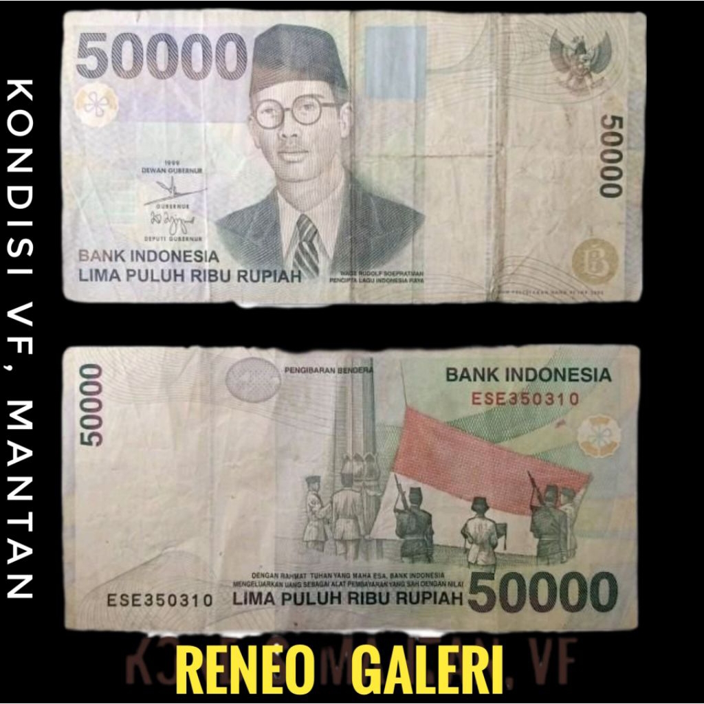 VF 50.000 Rupiah WR Supratman tahun 1999 Rp 50000 Uang kertas kuno duit lama Indonesia asli original