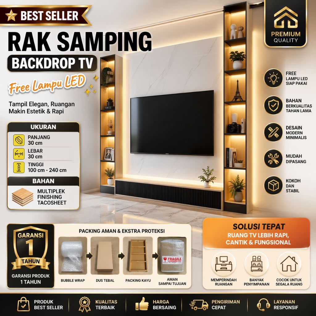 Rak Samping Backdrop TV Minimalis + FREE Lampu LED | Rak Dinding TV Modern Estetik