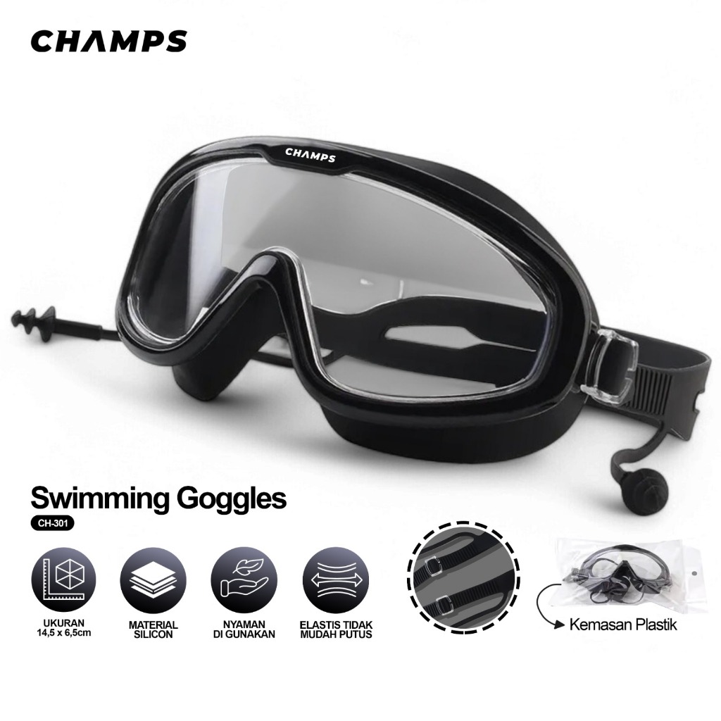 CHAMPS Kacamata Renang Anak Dewasa – Anti Fog, Anti Air, Nyaman + Earplug Murah CH-301
