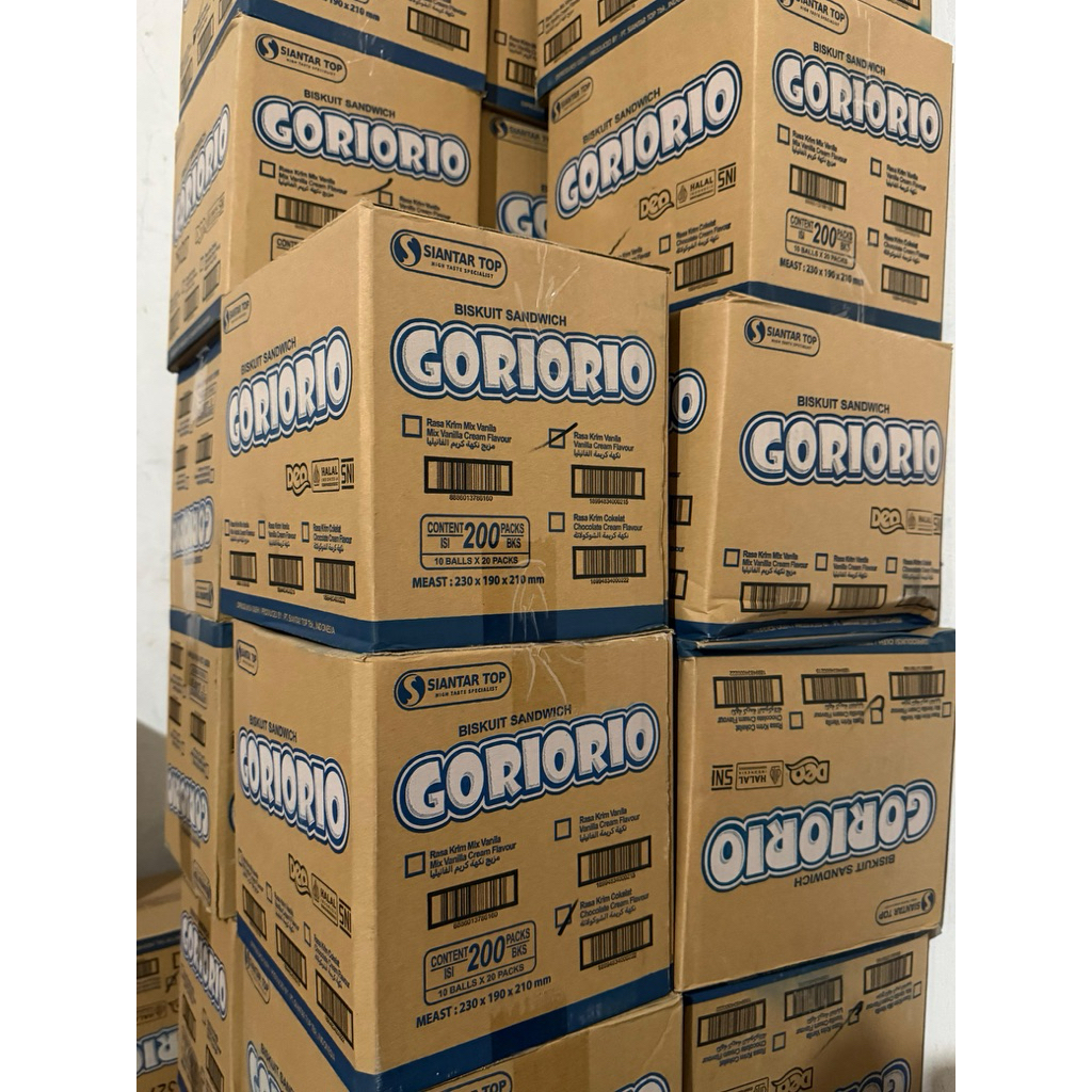 Isi 10x20pak - GORIORIO 1 DUS BISKUIT SANDWICH KRIM VANILA KRIM COKLAT WAFER