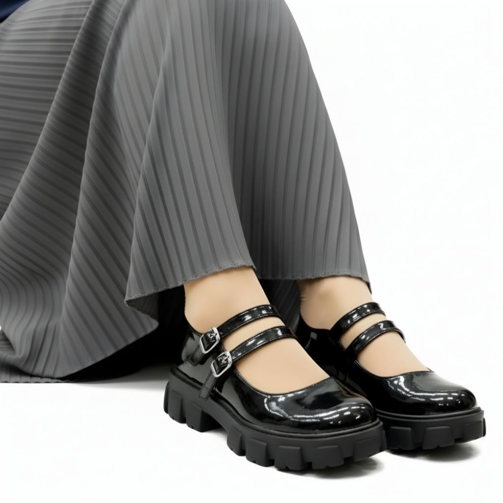 Sepatu Docmart Wanita Yuki Terbaru Hitam Glosy Gerper 2 Fashion Korea Flat loafers Cewek Kekinian Oo