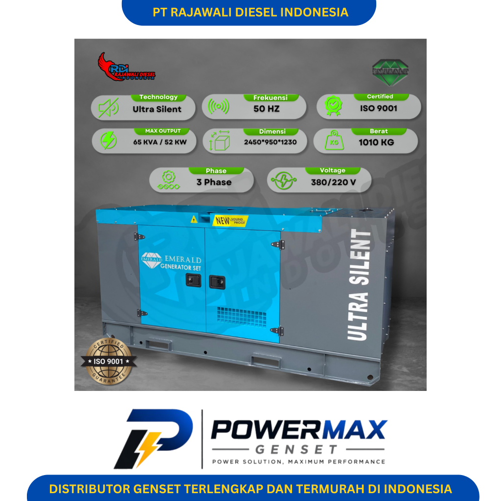 Genset Emerald 65 KVA Ultra Silent Type Bahan Bakar Diesel 3 Phase 380V Harga Bisa Di Negosiasikan
