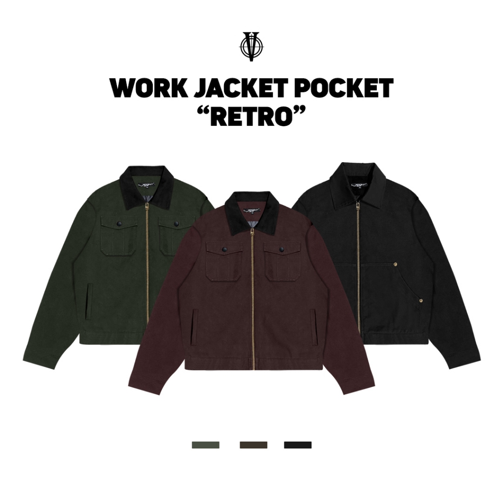 Round - Work Jacket Classic Retro Army Coklat Double Pocket Polos Jaket Pria
