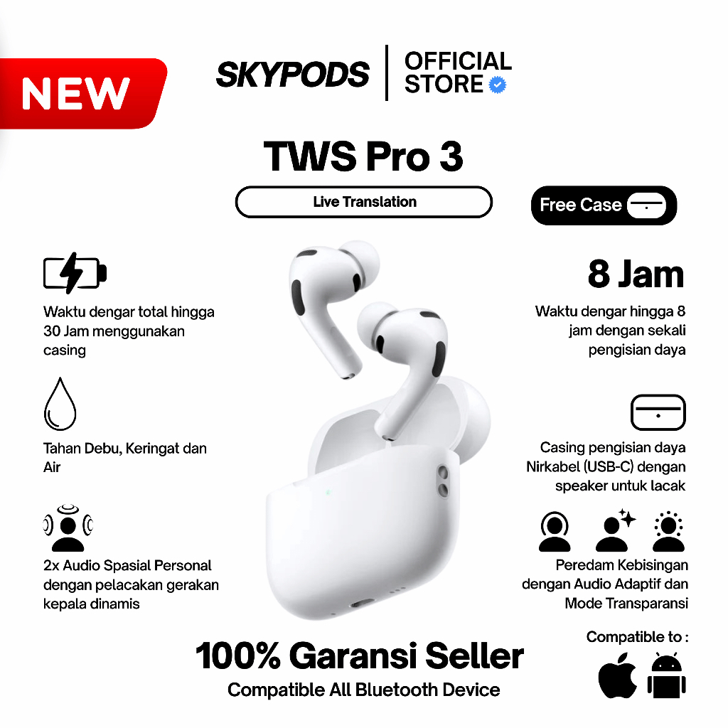 SkyPods TWS PRO 3 Premium H2 Chip Dolby Atmos Transparency Mode Spatial Audio by Skypods Indonesia