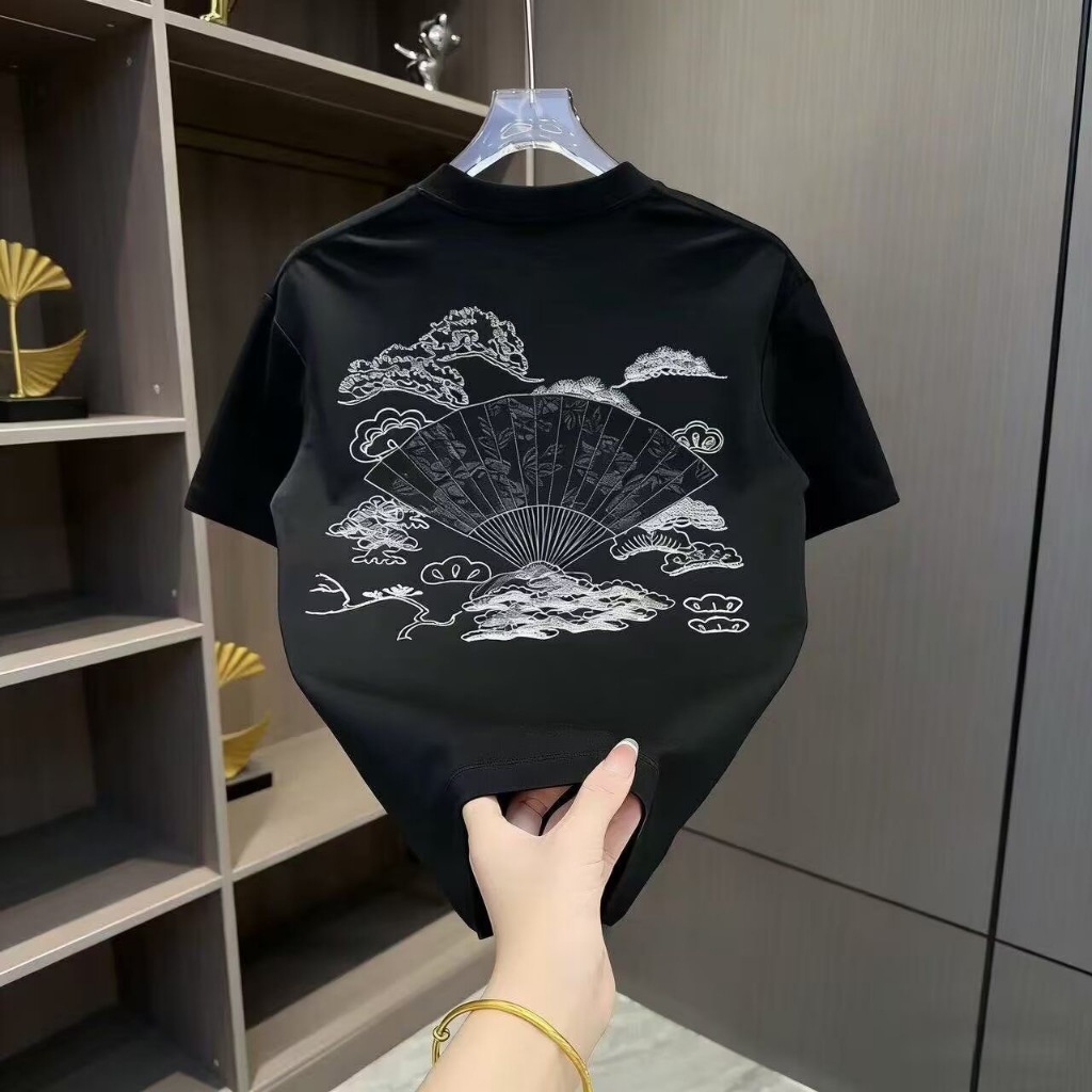 VIDE Kaos Oversize Hitam Motif Kipas Gunung Awan Cina Premium
