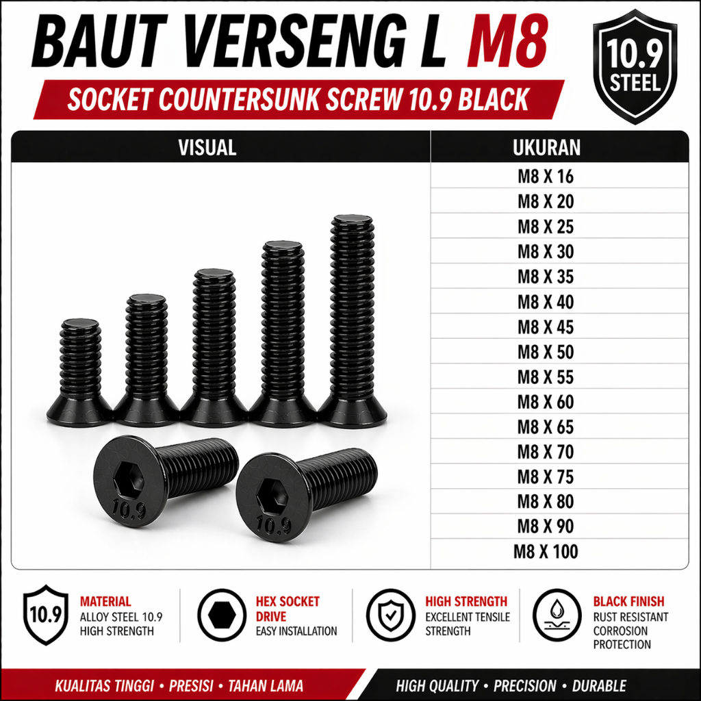 Baja 10.9 Baut JFL M8X65 / Baut Verseng L 8X65 / Countersunk L M8 X 65 / 8 X 65  - Socket Countersun