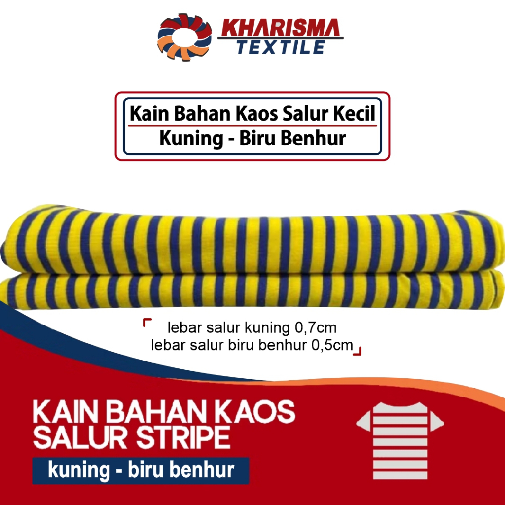 Kain Bahan Kaos Salur Kecil Kuning - Biru Benhur CVC 30s Corak Motif Garis Stripe 0,7 cm x 0,5 cm Kh