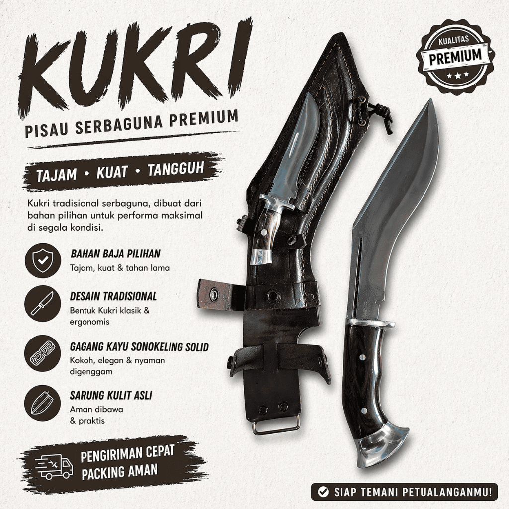 Kukri Survival Pisau Tebas Tajam Multifungsi + Sarung Kulit | Camping Hiking Bushcraft