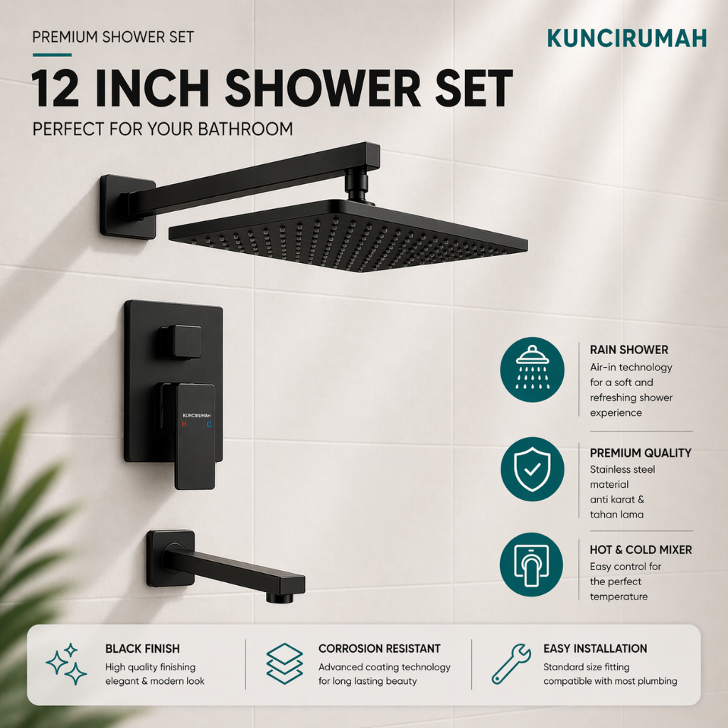 Wall shower set hitam 12 inch kuningan Shower set Kran tanam shower tembok