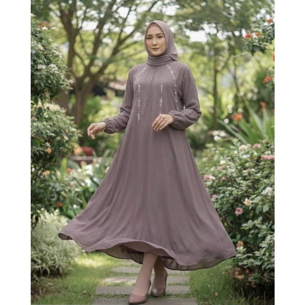 Ayesha Dress Bahan Ceruty Babydoll Hiasan Payet Mutiara Busui Freendly Simpel dan Elegan 6 Ukuran.
