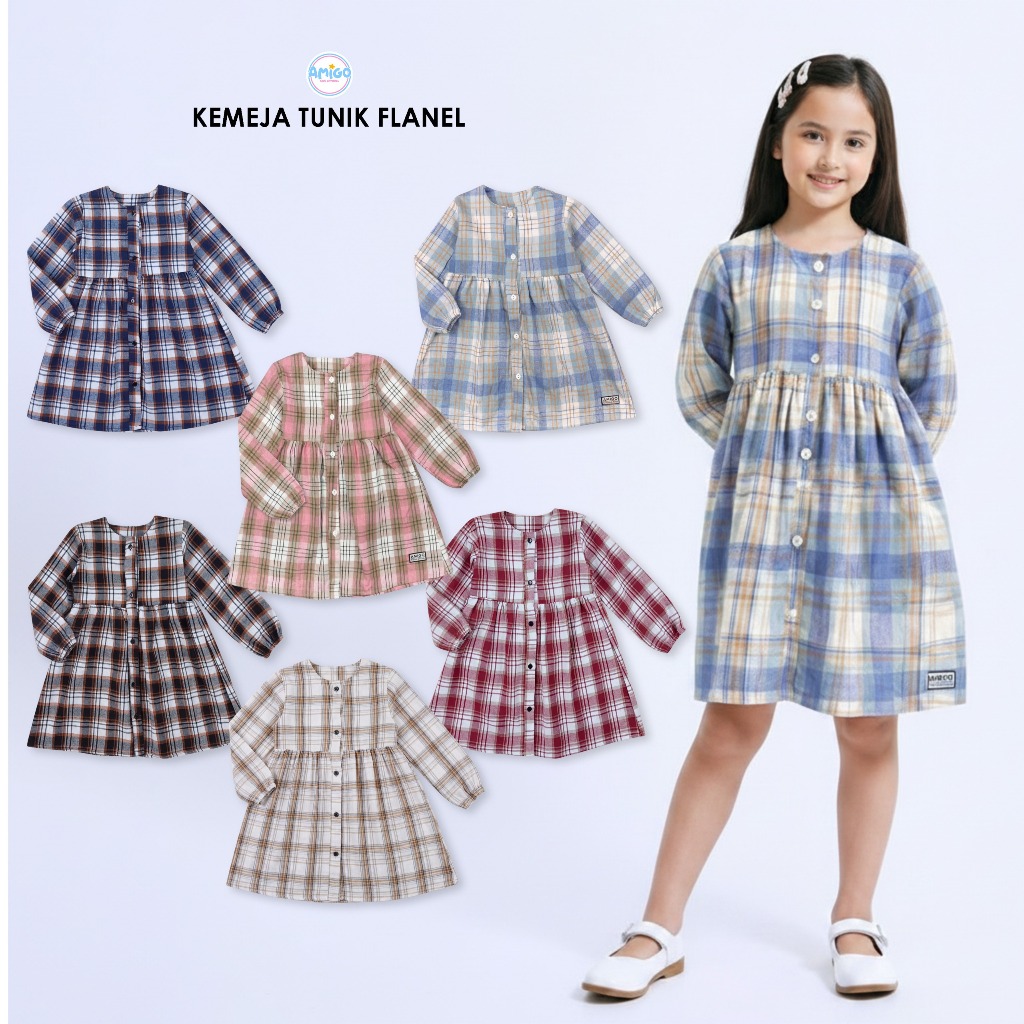 Kemeja Tunik Flanel Anak Perempuan I Baju Atasan Anak Perempuan 2-8 Tahun Amigo