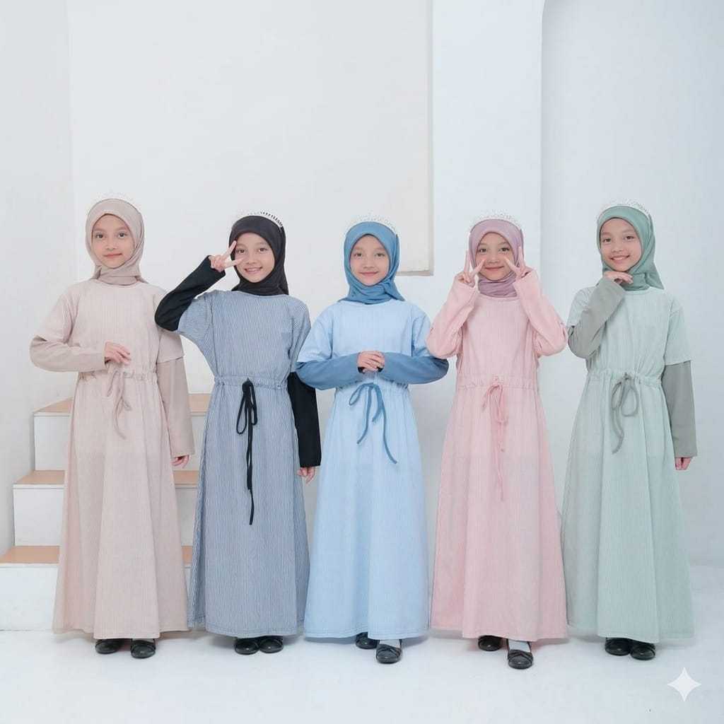 Gamis Sofia Anak Perempuan Muslimah Motif Salur - Dress Anak Tanggung Usia 5 Sampai 14 Tahun Terbaru