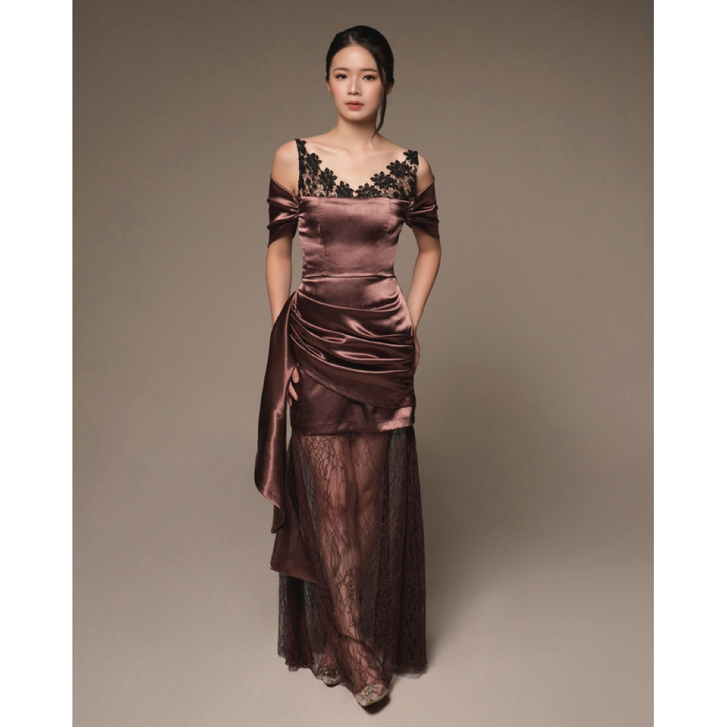 EST THE LABEL – Maeve Dress in Dark Mauve, mahogany dress/ party dress / chantily lace dress / baju 